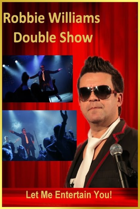 Robbie Williams Double. 3 geteiltes Bild. Portrait und 2 Bühnen-Actionfotos